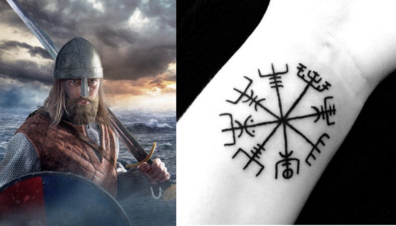Слева: воин викингов. Справа: Vegvisir, один из старейших и священных норвежских символов, используемых для защиты.