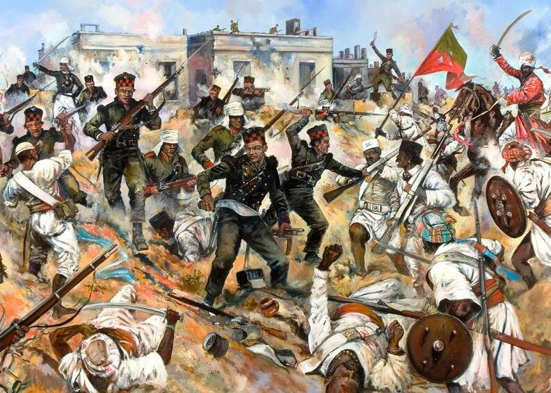 Гурки с кукри в бою с индийскими мятежниками (1857 г.).