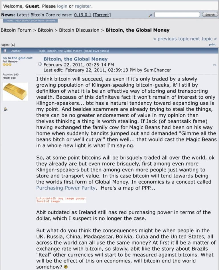 Скриншот сообщения от 2011 года на форуме Bitcointalk 