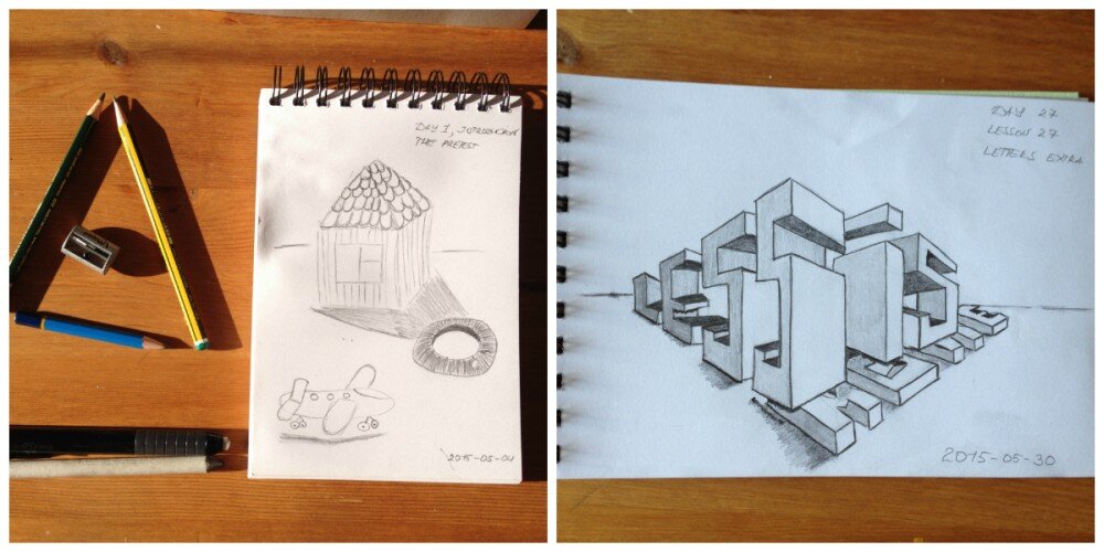  Все уроки строились на отработке основных геометрических форм. При этом, нарисовав свой первый корявый домик, мой внутренний перфекционист был готов сдаться и послать все куда подальше. Но автор, чертяка, настолько заинтриговал меня своим "а давайте посмотрим, что будет через неделю", что я сильно увлеклась и дошла, к своему большому изумлению, до самого конца! 