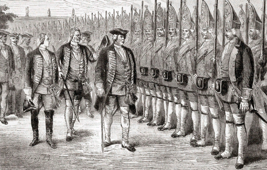 Фридрих Вильгельм I осматривает своих гигантских гвардейцев, известных как Потсдамские гиганты, прусский пехотный полк № 6, состоящий из солдат ростом выше среднего. Фридрих Вильгельм I Прусский, 1688-1740, он же король-солдат.