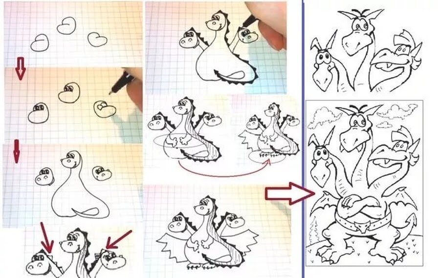 Поэтапное рисование сказок. Дракон для рисования для детей. Сказочный персонаж рисунок. Рисование сказочных персонажей. Рисунок змея Горыныча для детей.