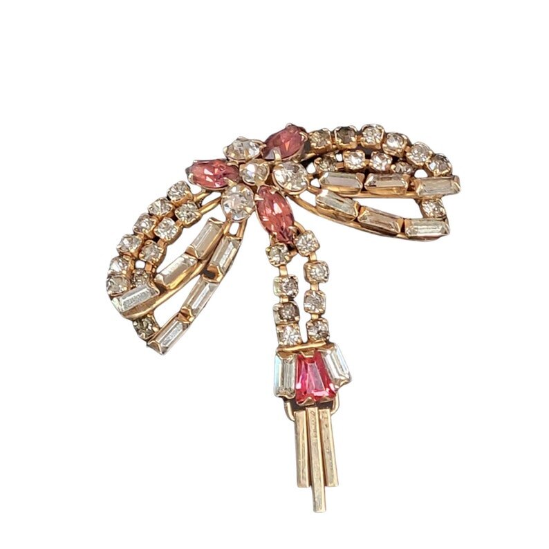 Phyllis Брошь с нежно-розовыми и бесцветными кристаллами, 12 каратное золото 1950 годы