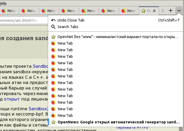 В контекстное меню "V", появляющееся при  открытии большого числа вкладок, добавлена кнопка "Search Tabs" для  поиска открытых вкладок и  упрощения навигации при наличии большого  числа открытых страниц. Реализация кнопки базируется на уже давно  существующей, но малоизвестной возможности, позволяющей выполнять поиск  по заголовкам страниц во вкладках при помощи ключа "%" в адресной строке  (например, после набора в адресной строке "% Free" будет показан список  вкладок в заголовках которых присутствует слово "Free"). При нажатии  кнопки "Search Tabs" осуществляется смена фокуса на адресную строку и  ввод символа "%" с приглашением продолжить ввод;   