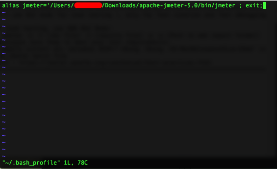 Вставляем:alias jmeter='/Users/*/Downloads/apache-jmeter-5.0/bin/jmeter ; exit;'
