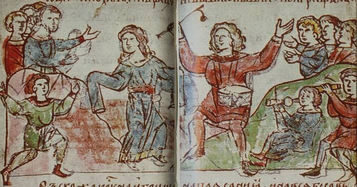 Миниатюра игрищ славян из Радзивилловской летописи XV в.