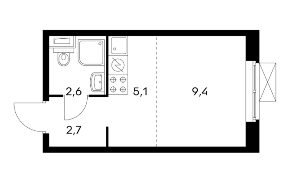 Один из вариантов планировки студии в новом проекте