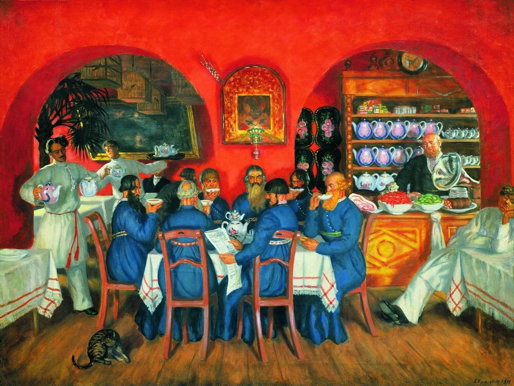 Б. Кустодиев. Московский трактир, 1916. Формально к серии "Русские типы" не относится, но именно с нее все началось.