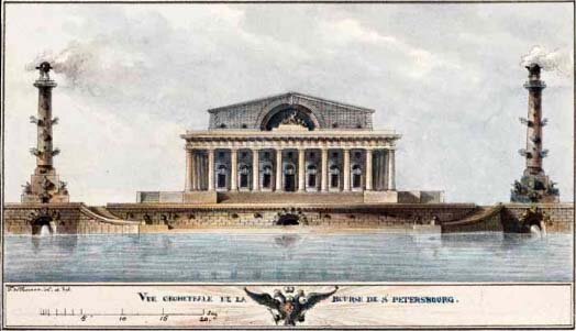 Фасад Биржи. Подносной экземпляр, выполненный архитектором Тома де Томоном для Александра I, 1804 год. Из коллекции Государственного Эрмитажа 