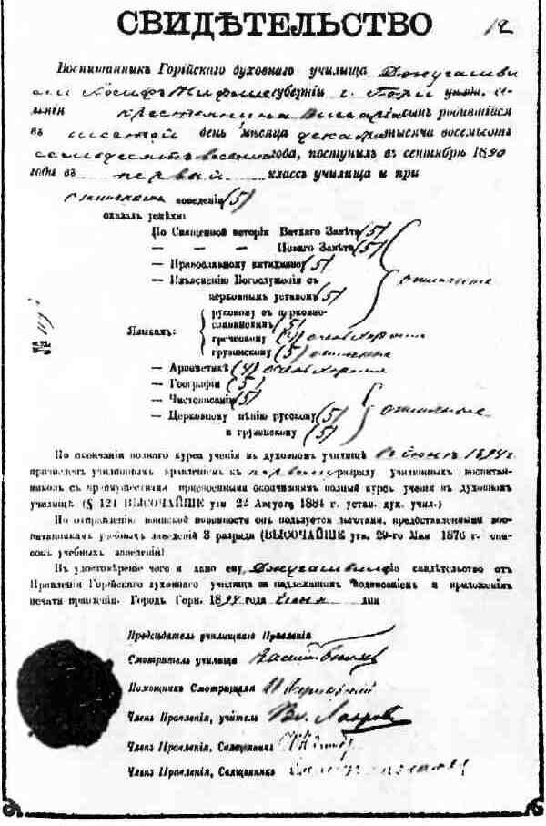 Аттестат воспитанника Горийского духовного училища Иосифа Джугашвили. Свидетельство того, что дата рождения будущего вождя Сталина вымышленна