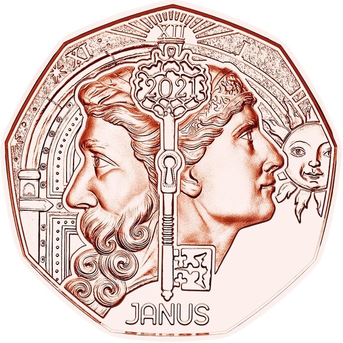 На изображении – современный дизайн евро с символикой Януса (от австрийского монетного двора).