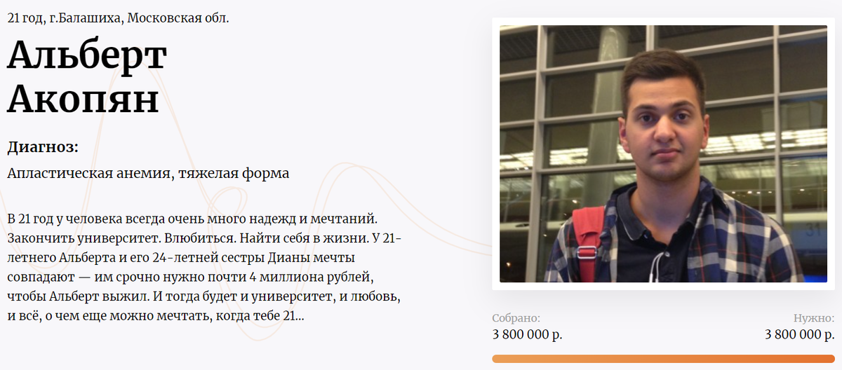 Это был  самый большой и самый быстрый сбор фонда за всю историю его существования. Сестра Альберта стала донором костного мозга.  Фонд помог собрать средства на операцию.