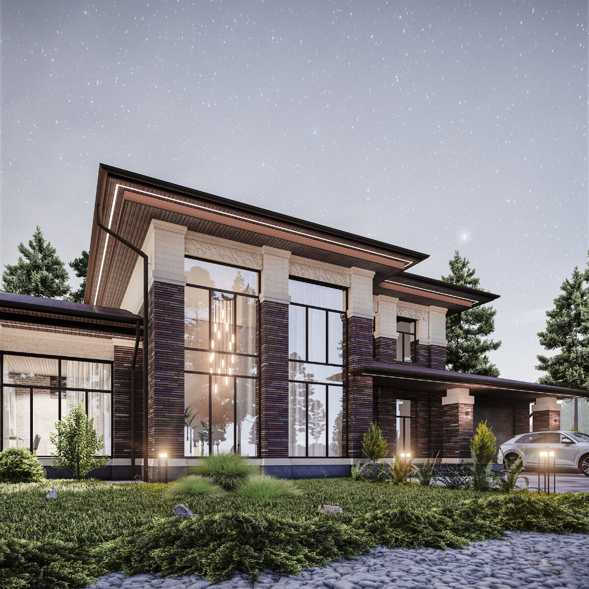 Фасад дома в стиле Райт (орнамент в верхней части дома)