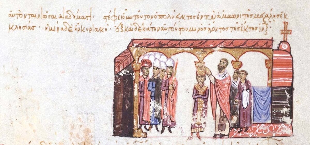Коронация императора Никифора II Фоки в Константинополе.  Миниатюра из Хроники Иоанна Скилицы, XII в.