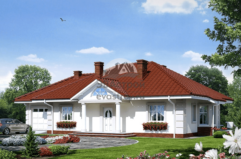 Проект одноэтажного дома 128 м2 с гаражом, эркером и террасой - 103-66