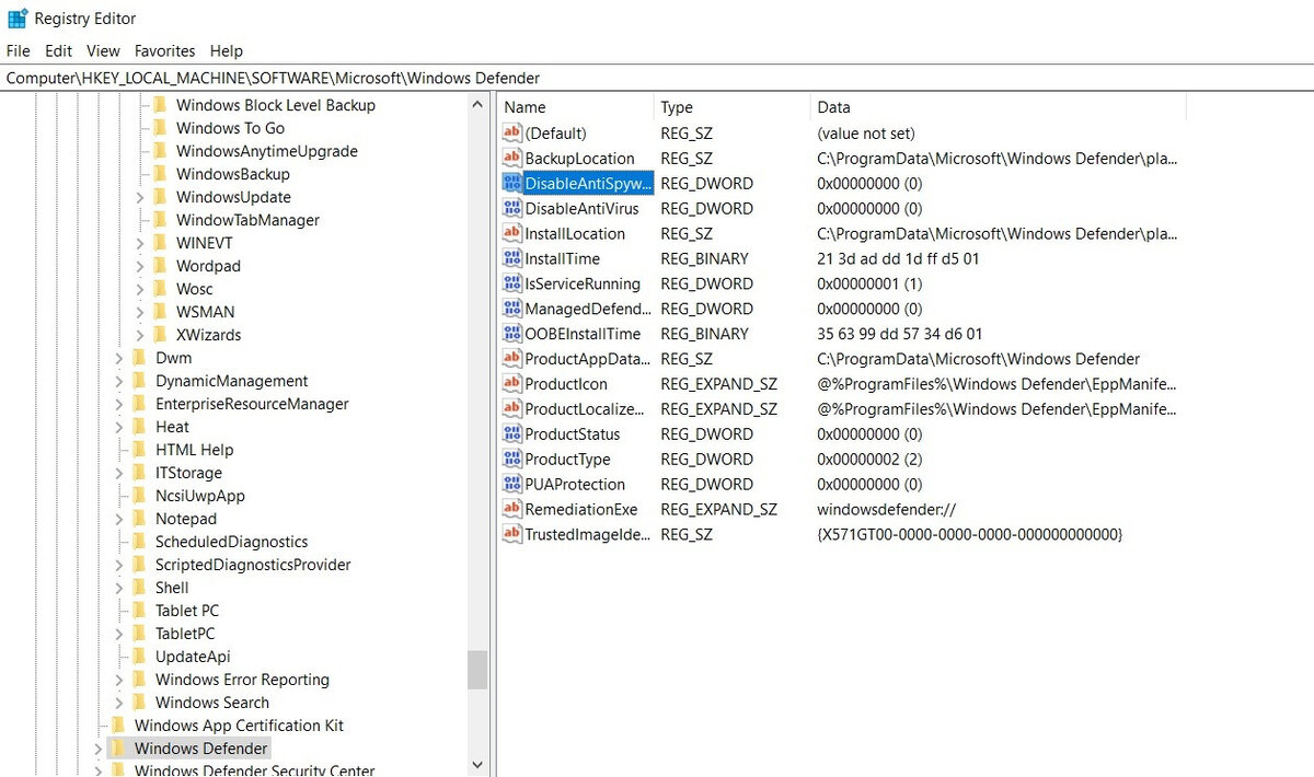 DisableAntiSpyware в реестре Windows 10 больше не будет работать