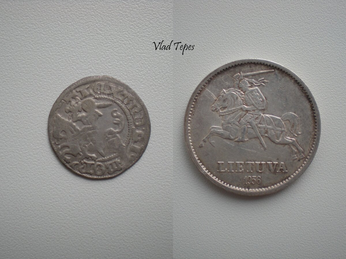 Коллаж из изображений средневекового литовского полугроша и монеты Литовской Республики