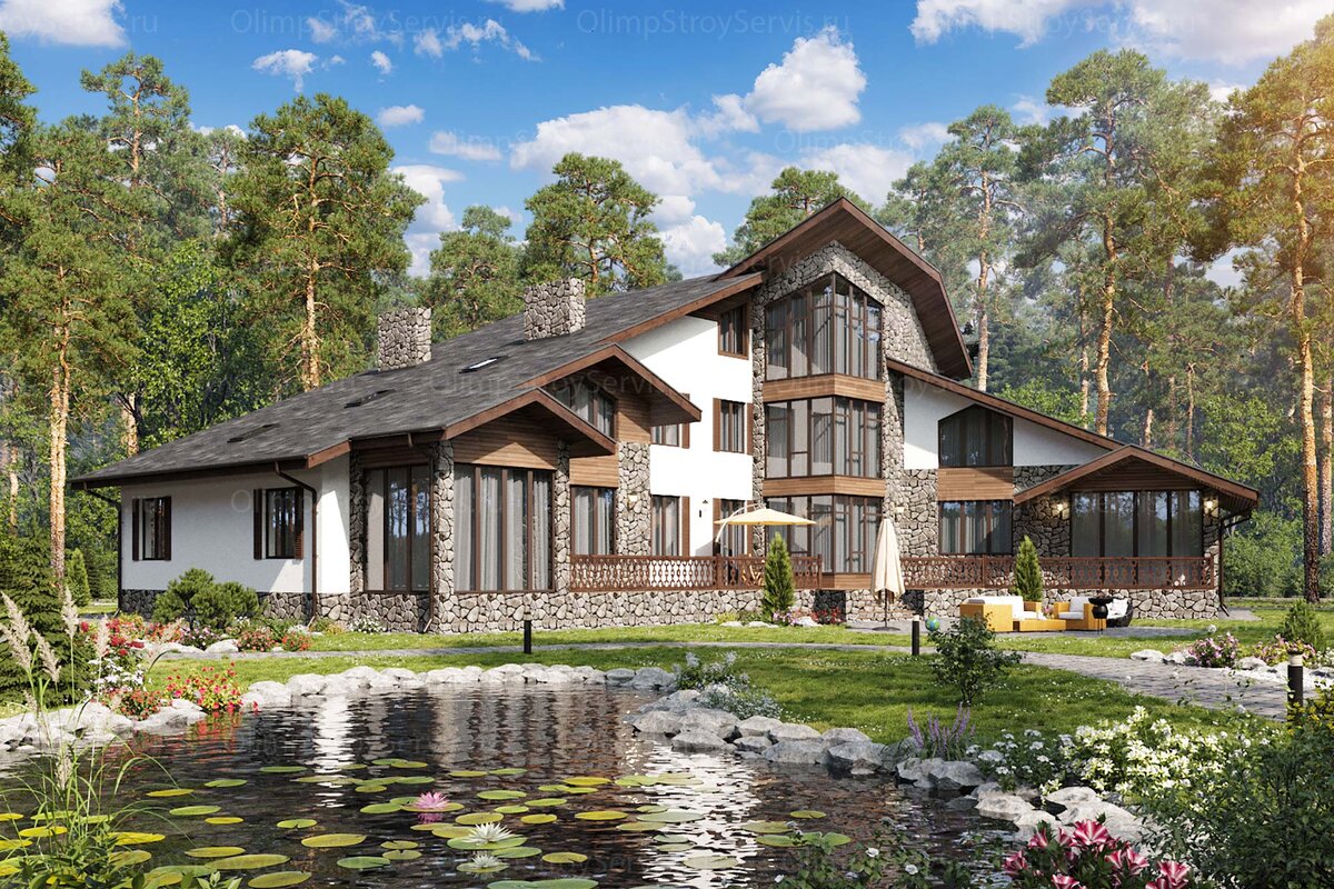 Двухэтажный дом с мансардой в стиле Шале