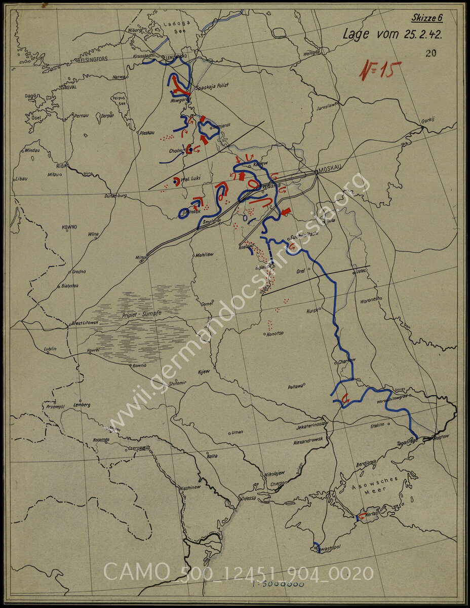 25 февраля 1942 года. Активно действуют партизаны (красные точки).