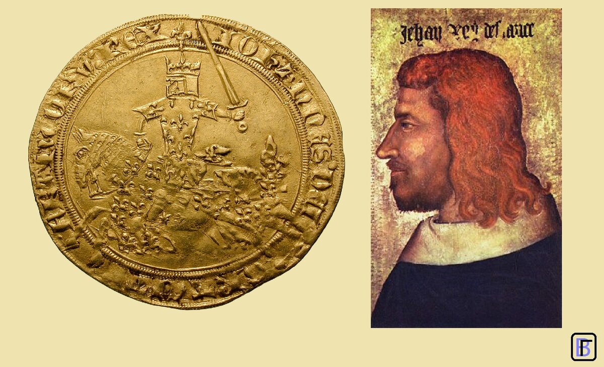 Слева аверс франка, слева - портрет Иоанна II Доброго