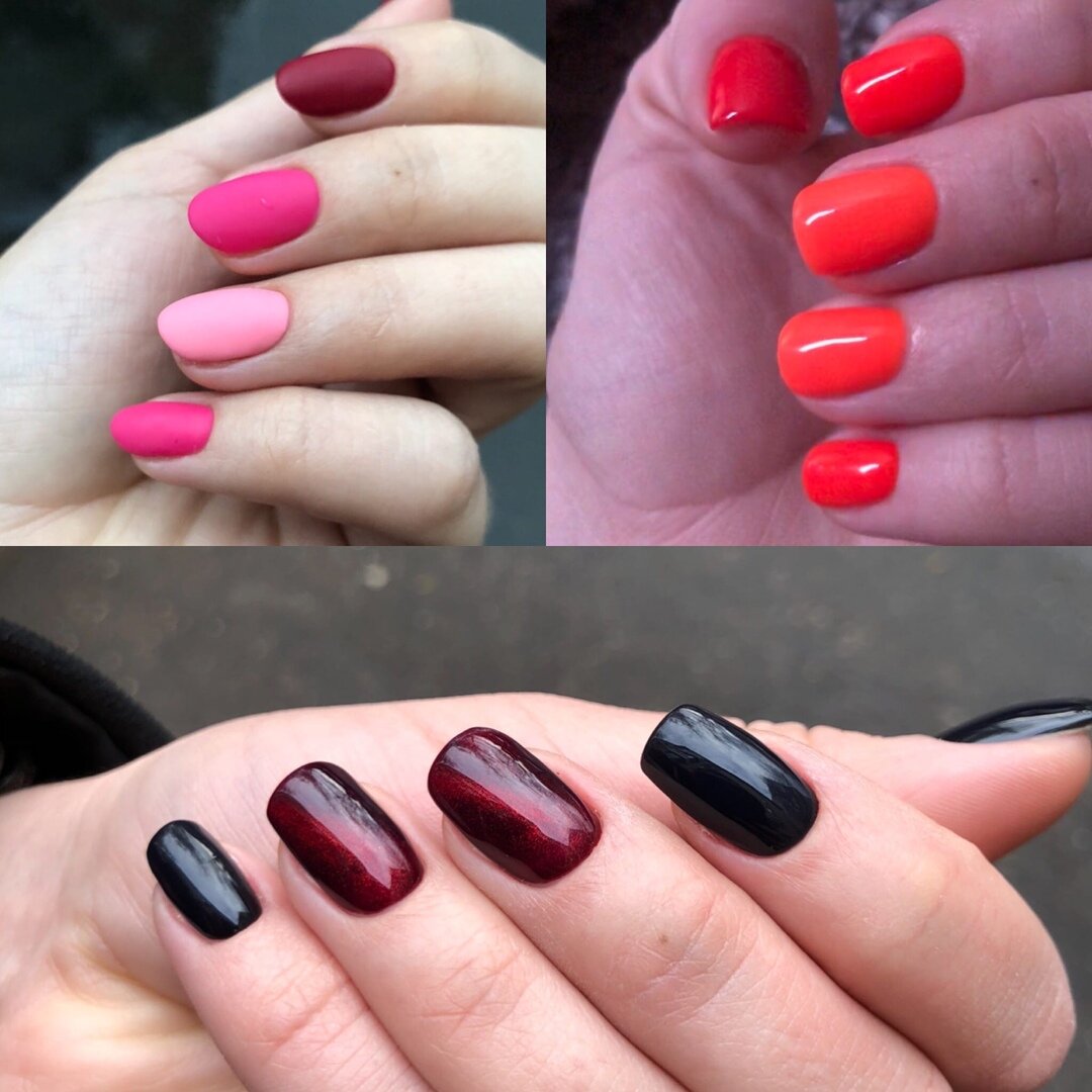 Примеры моих маникюров, сочетания разных цветов или оттенков, можно выбрать кошачий глаз на один или два ногтя, это не будет выглядеть пошло, но маникюр станет намного интереснее