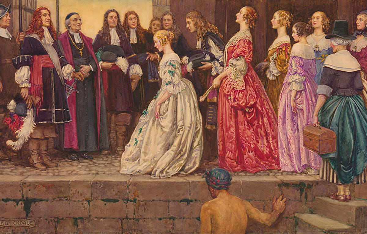 Людовик XIV рекрутировал французских женщин, которые согласились переехать в колонию, чтобы выйти замуж и родить детей. На этой картине главный управляющий колонии Жан Талон приветствует женщин, прибывших в Квебек в 1667 году; позже их стали называть «дочерьми короля». ФОТО ПРЕДОСТАВЛЕНО БИБЛИОТЕКОЙ И АРХИВОМ КАНАДЫ
