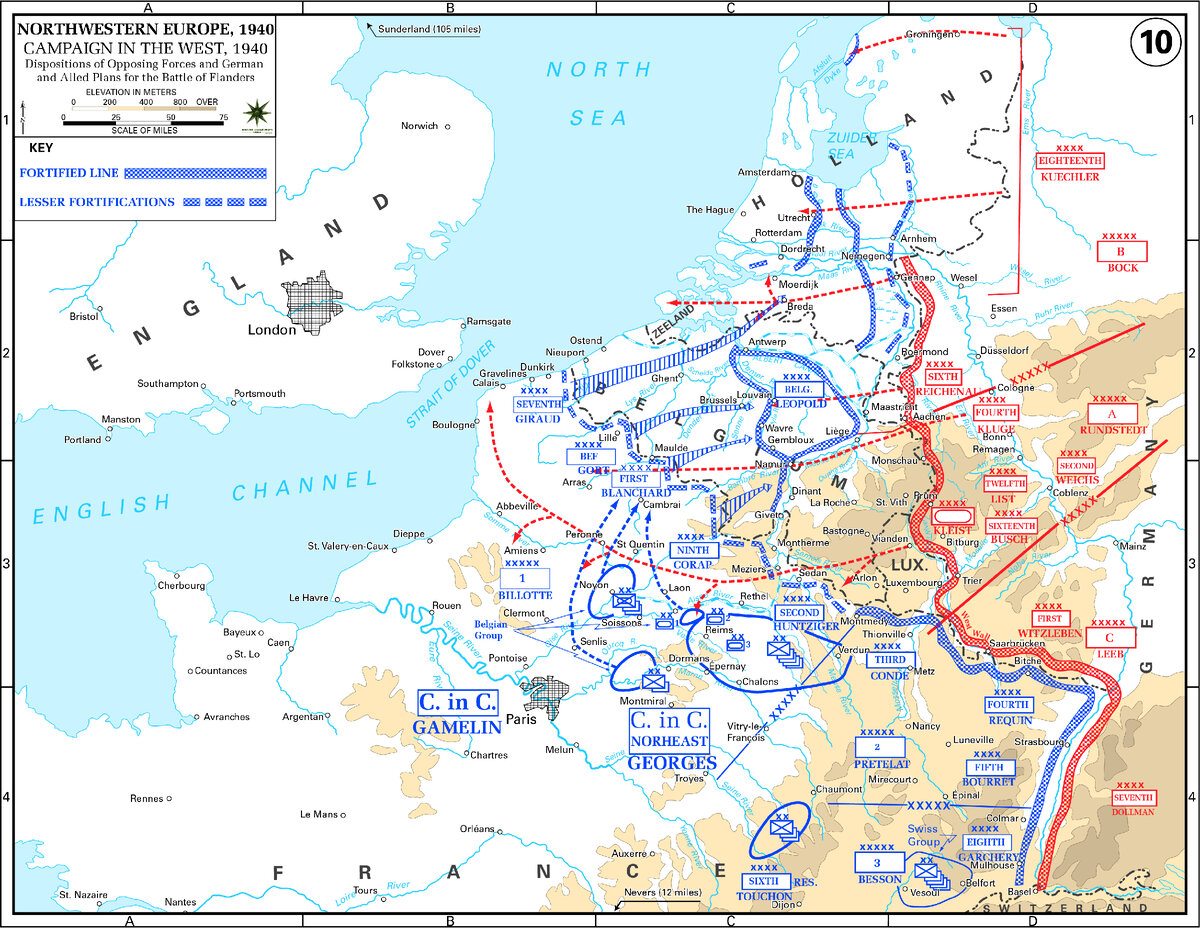 Битва за Бельгию. Нижняя, самая длинная красная пунктирная стрелка - удар немецкой танковой группы, отрезавший англо-франко-бельгийские войска. Источник - USMA