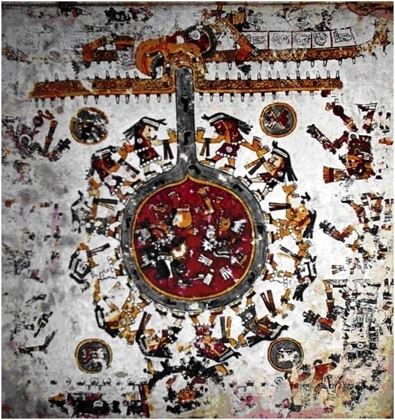 Земля и следы людей ведущие в пасть дракона (символическое обозначение звезды - кометы). Рисунок из ацтекского кодекса "Борджия".