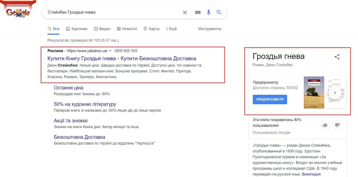 Пример контекстной рекламы в поиске Google