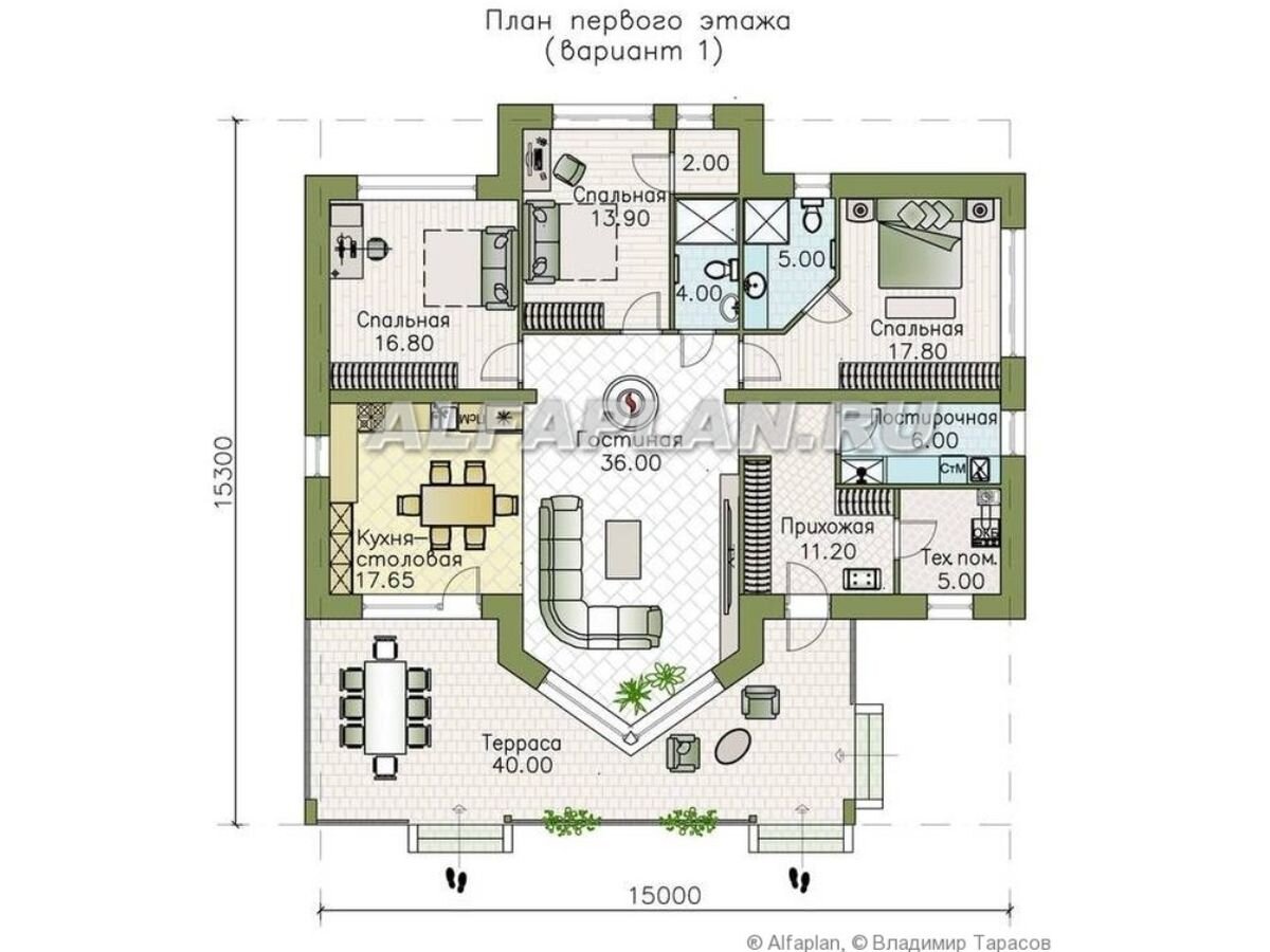 НА СЛАЙД-ШОУ: 2 варианта планировки дома по проекту "Вектор" 725А
1. В первом варианте все три спальни имеют вход из гостиной. 