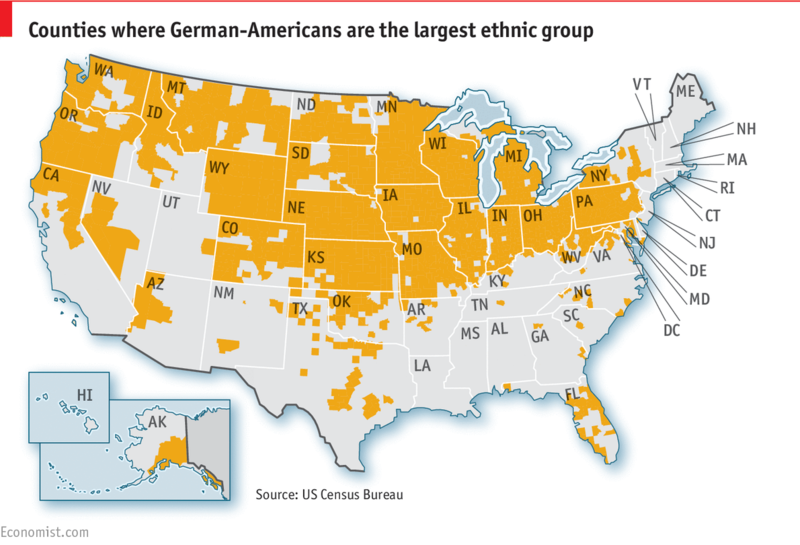Территории компактного проживания немецкоязычных американцев.