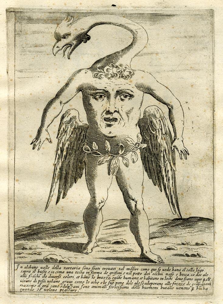 Фигура с крыльями, выходящими из ягодиц, лицом на туловище и головой змеи, стоящая на фоне пейзажа. 1585 год.