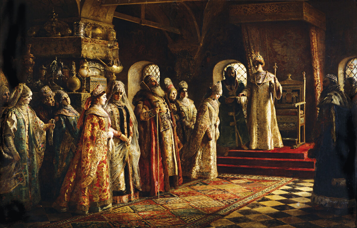 Константин Маковский «Выбор невесты царём Алексеем Михайловичем» 1886; холст, масло. 300×450 см; Музей искусств, Понсе, Пуэрто-Рико.