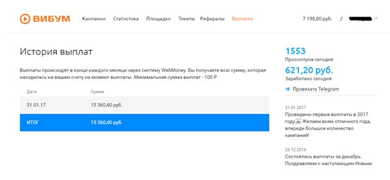  Так выглядит мой личный кабинет на viboom.ru, сейчас работаю именно с этой парнетркой ,т.к. она засчитывает 90 накрученных просмотров из 100, это лучший результат из всех партнерок/