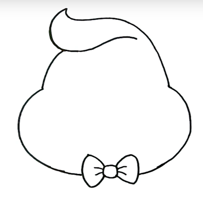 Вторым шагом будет окончательное формирование тела — овальное, расширенное книзу. В самом низу нужно нарисовать маленький галстук-бабочку.
