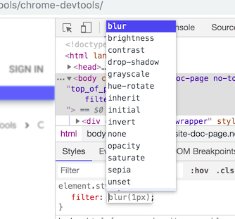 В  режиме инспектирования CSS обеспечено автодополнение названий и базовых  значений функций, которые можно применять в свойствах CSS (например,  "filter: blur(1px)"). Предлагаемые значения сразу отражаются на  просматриваемом макете страницы;