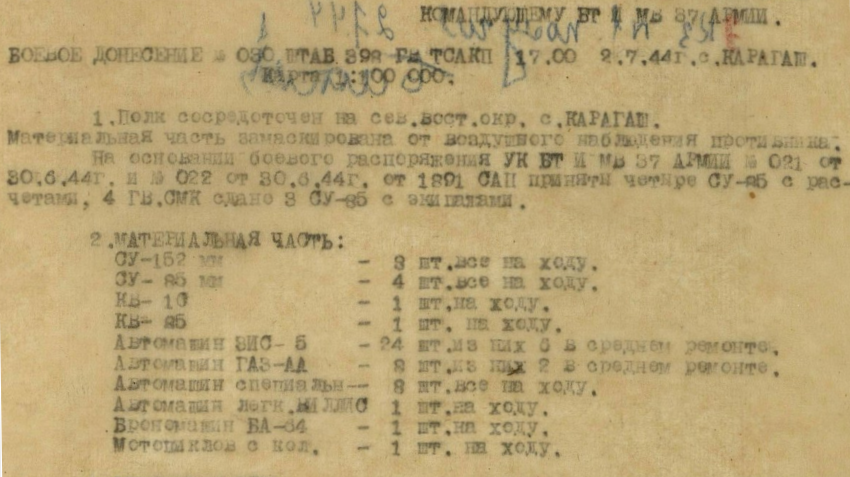 Боевое донесение штаба 398 гв. тсап .
Боевые донесения, оперсводки. № документа: 30, Дата создания документа: 02.07.1944 г.
Архив: ЦАМО, Фонд: 4333, Опись: 0039758с, Дело: 0003, Лист начала документа в деле: 8
Авторы документа: 398 гв. тсап, гв. подполковник Ветров, гв. майор Могутов