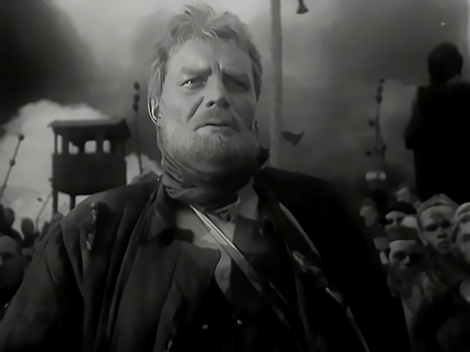 Обросший бородой пленный приветствует командира советских войск, очень внимательно в него вглядываясь."Теперь у вас погоны",- замечает он.