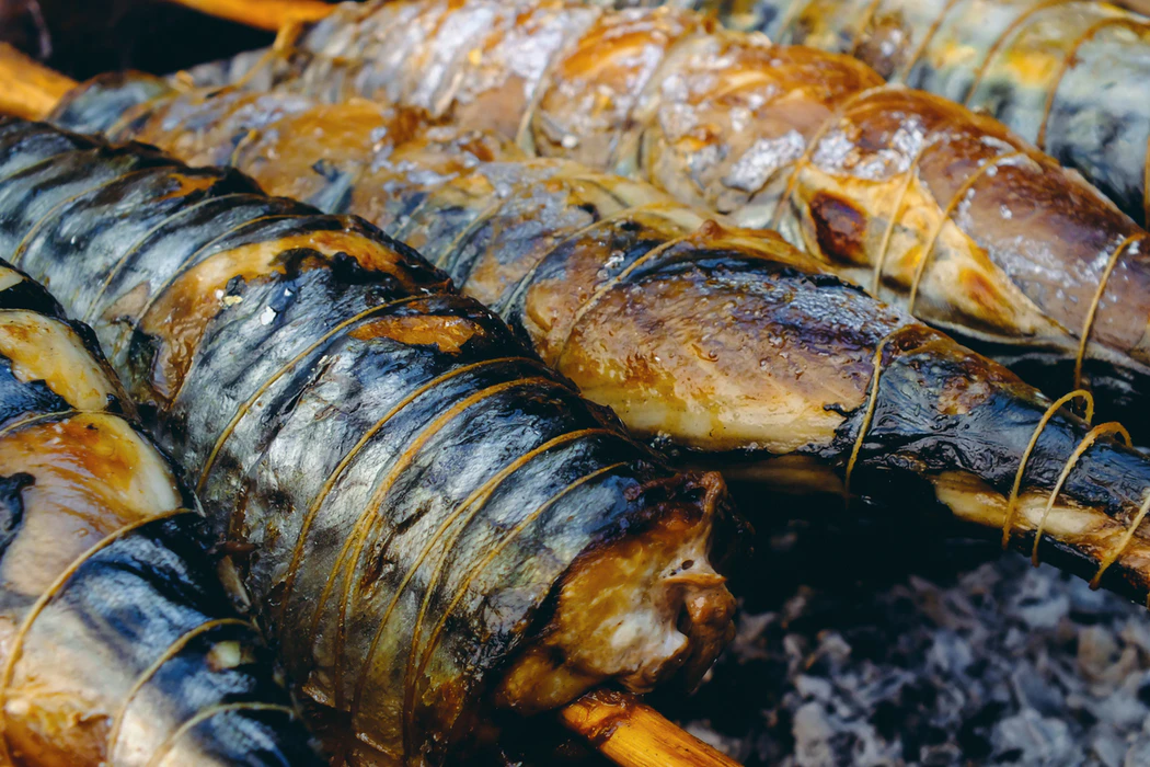  Mackerel fish strung on wooden sticks and tied with string. Barbecue, grill, kebab Denis Agat https://unsplash.com/photos/WJnqV9wd47g
