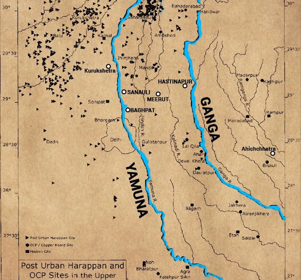 Карта расположения Санаули в Доабе (Двуречье) Ямуны и Ганги 