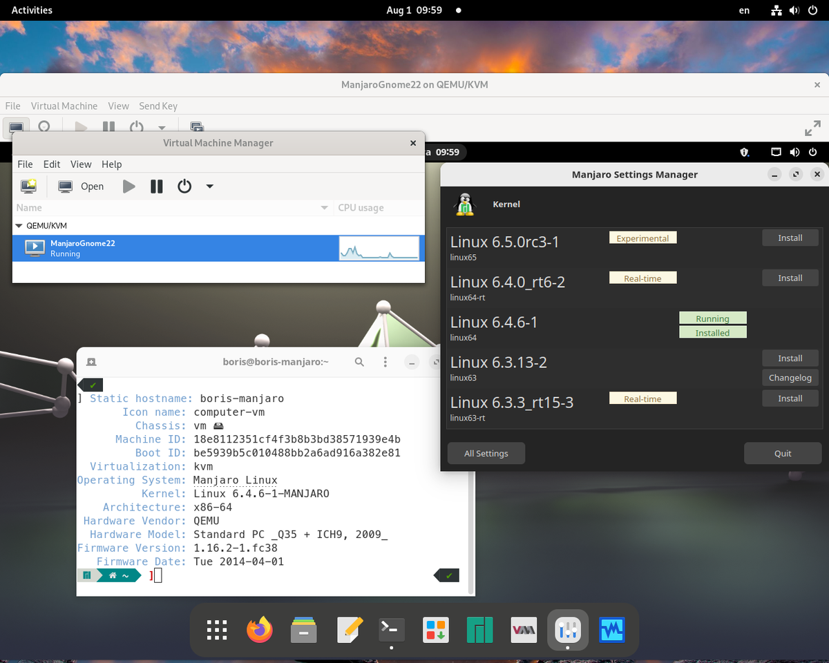 Тестирование ялра 6.4.6 и VirtualBox 7.0.10 на Manjaro Gnome 22.1