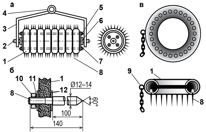 Сельскохозяйственные орудия из старой автопокрышки: а – каток кольчатый; б – крепление зубьев в покрышке; в – борона. 1 – автомобильная покрышка; 2 – ось ∅ 30 мм (Cт5); 3 – скоба-обойма из отрезка полосы Ст3 с поперечным сечением 5×50 мм, на виде сбоку условно не показана; 4 – дышло; 5 – стяжка (шпилька М10 с гайками и шайбами Гровера на концах, 4 шт.); 6 – узел самоустанавливающегося шарикоподшипника (2 шт.); 7 – диск колеса (2 шт.), 8 – зубья от борон типа БТЗ (число и расположение – исходя из надобности и возможностей); 9 – проушина с цепью; 10 –гайка М10; 11 – шайба Гровера; 12 – шайба