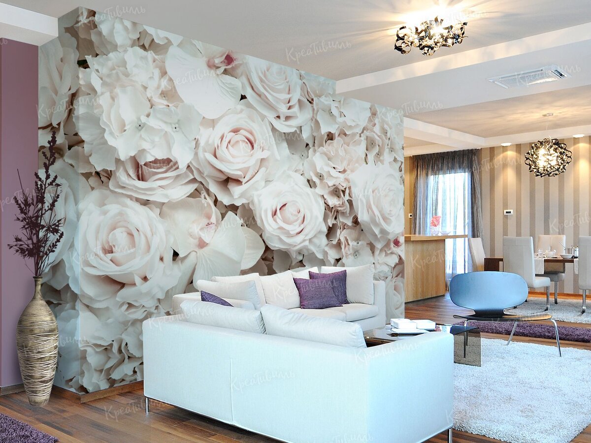 Фотообои белые розы в интерьере гостиной фото | Интерьер, Стили гостиной, Фотообои