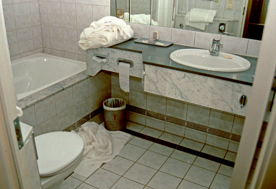 У женщины «Плаза» не было никаких туалетных принадлежностей, косметики или личных вещей. Кажется, она окуналась или купалась в последние 24 часа, так как на полу ванной было использованное полотенце. Мыло тоже использовалось, и одна из маленьких бутылок, возможно, шампунь, была открыта. Халат был брошен на кровать.