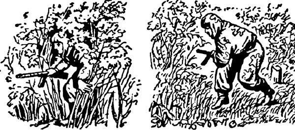 Передвижение в кустах, момент отведения левой рукой растительности. Ходьба по высокой траве, момент постановки ноги с носка.