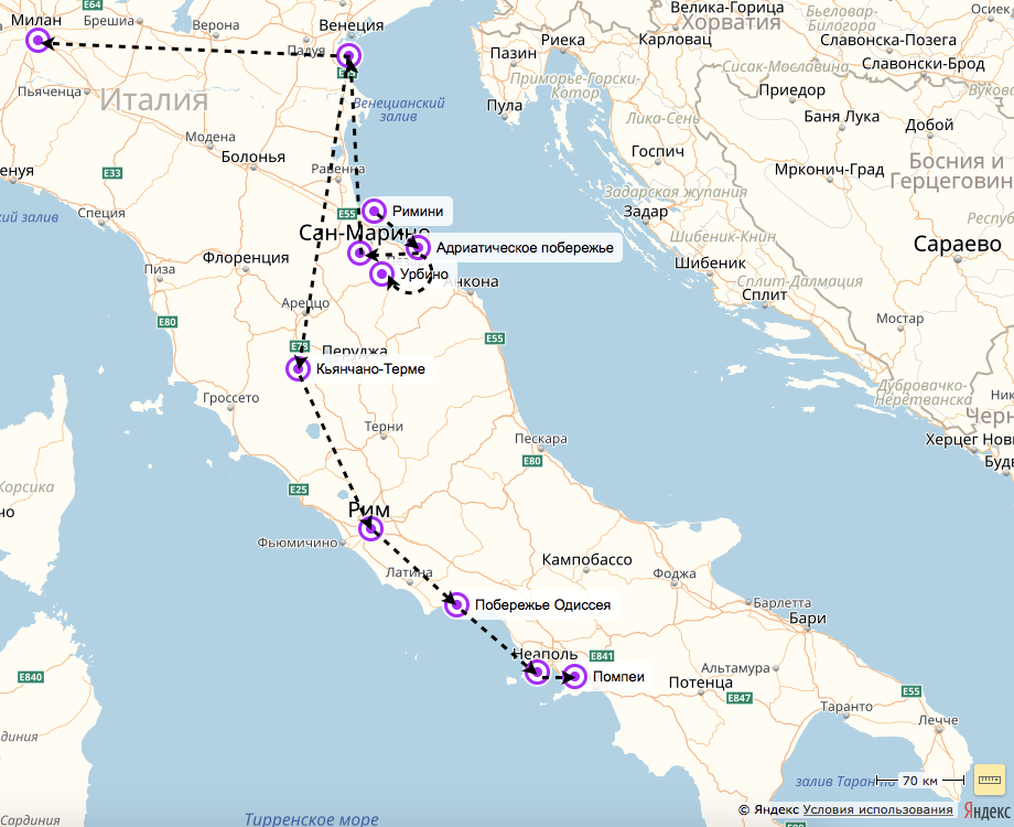 Линейный маршрут по городам Италии.