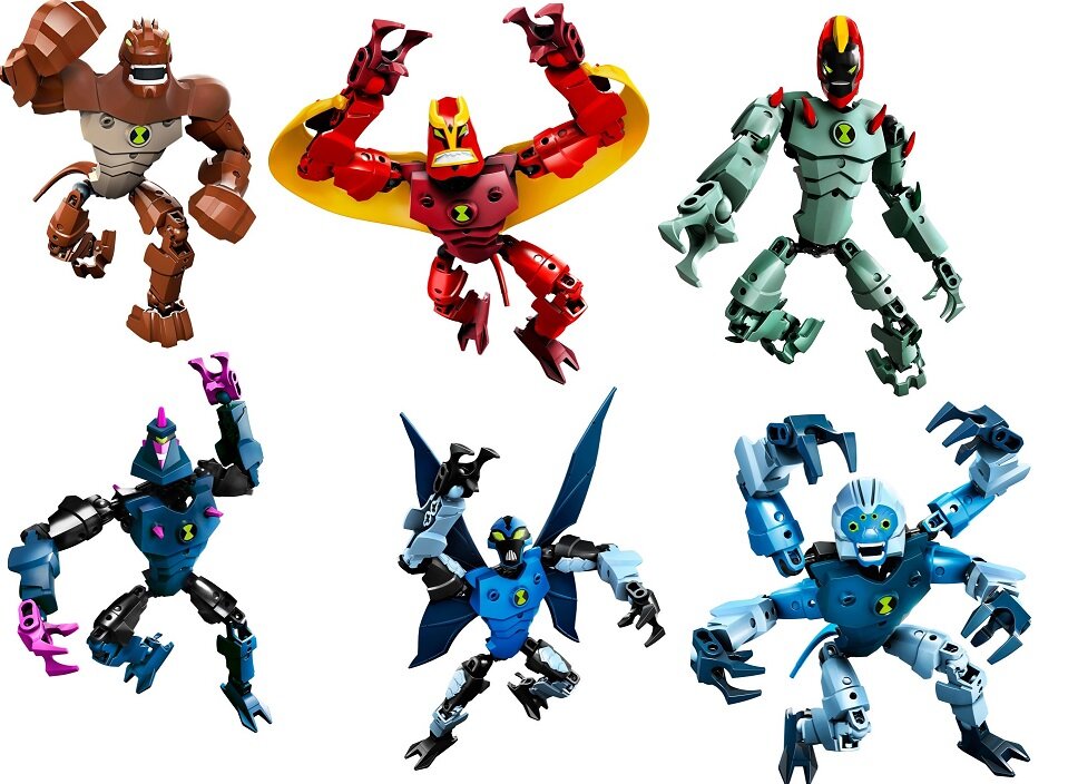 Перед Вами вся коллекция наборов Лего Бен 10. Год выпуска 2010. Они довольно похожи между собой, а так же на Биониклов и Фабрику Героев. Цена на каждый набор составляла 800 рублей. Артикулы №8409, 8410, 8411, 8517, 8518, 8519.