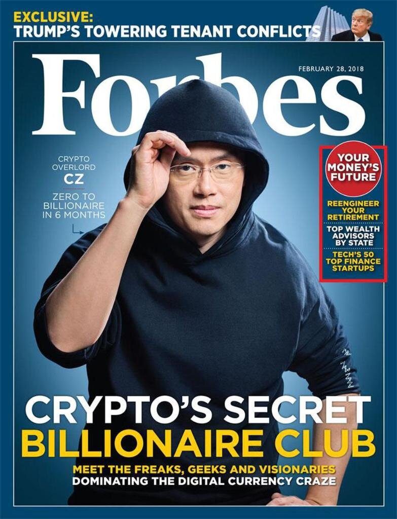 CZ на обложке Forbes с рейтингом крипто-миллиардеров внутри номера