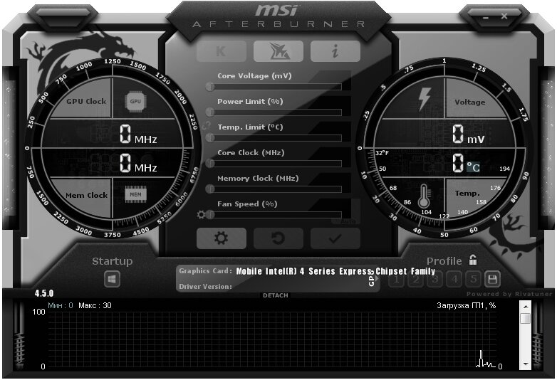 Установленная и запущенная программа MSI Afterburner