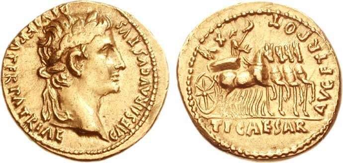 Монета с изображением Августа (слева) и его преемника Тиберия (справа)